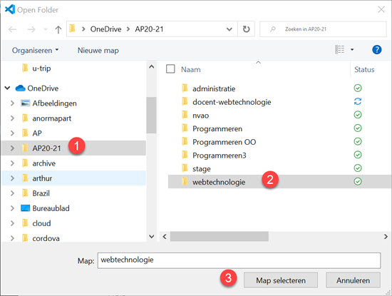 Visual Studio Code Open rootmap webtechnologie selecteren